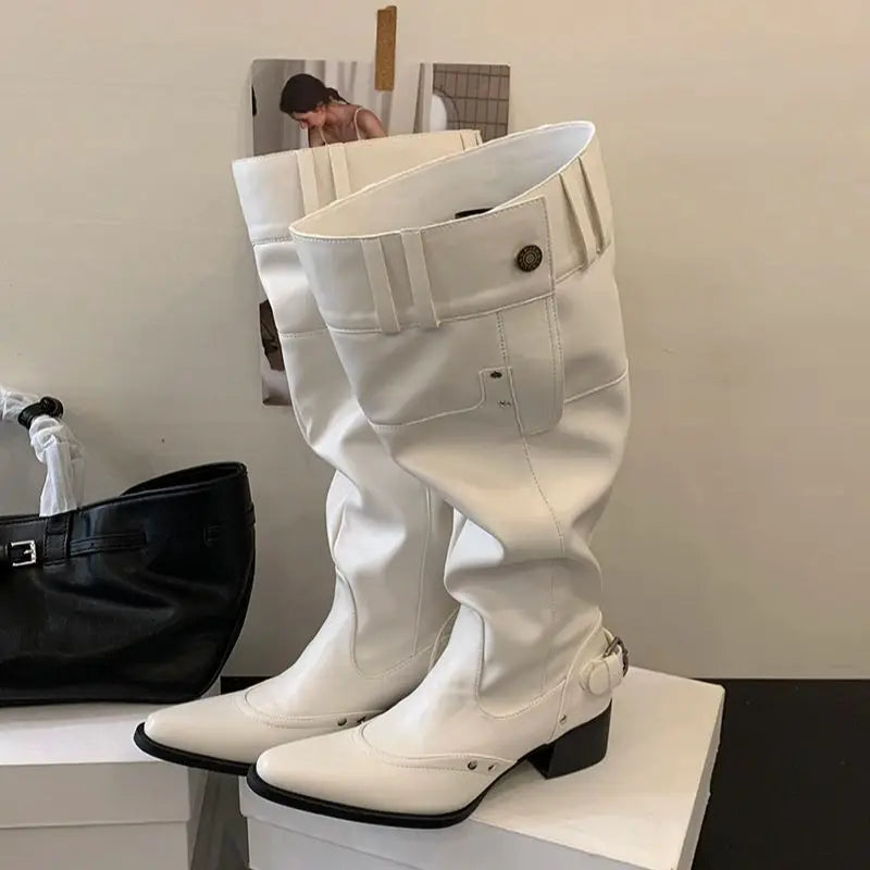 Aiertu    -  Black Boot Knee High Long Shoes Woman Pointed Toe Chunky Heels White Winter Boots Fashion Belt Buckle Rivet Wide-Leg Ladies Shoe Aiertu