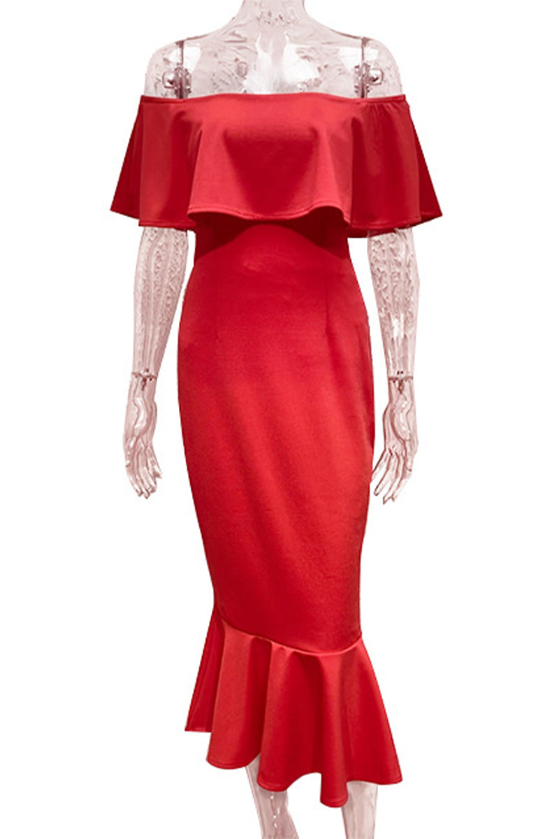 Aiertu  -Sexy Prom Solid Color Ruffle Off Shoulder Fishtail Dresses aiertu