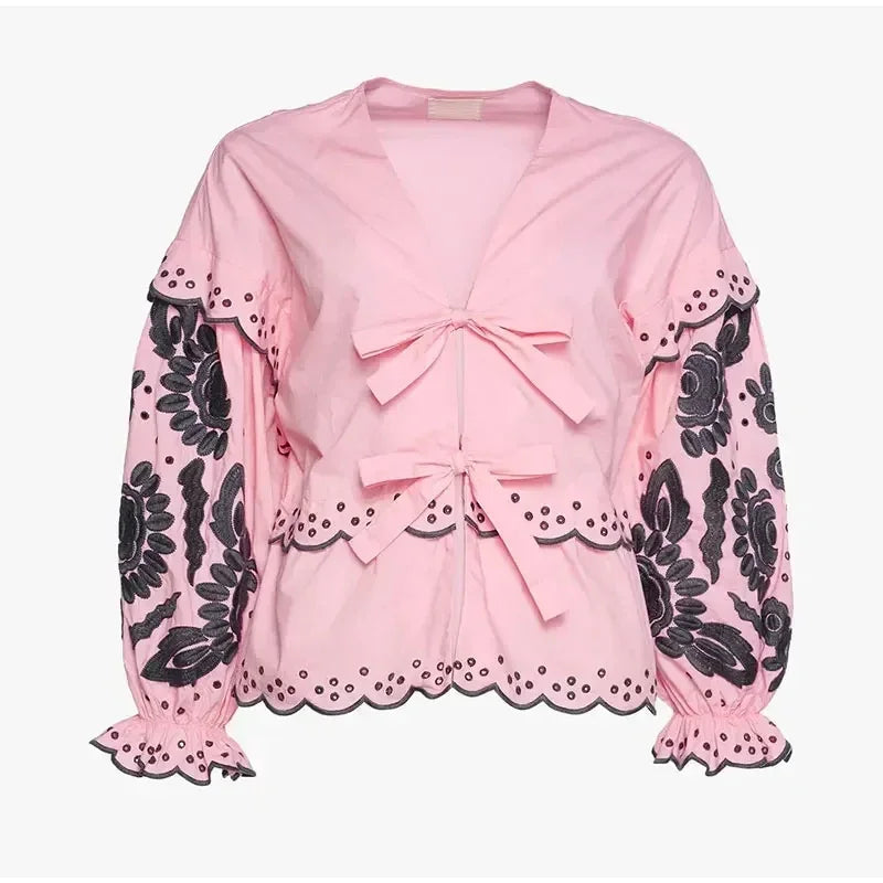 Aiertu  -  Casual Lace Up Women Embroidery Blouse V-neck Lantern Sleeve Blouse Wave Cut Eyelet Female Tops 2026 Spring Fashion Female Tops Aiertu