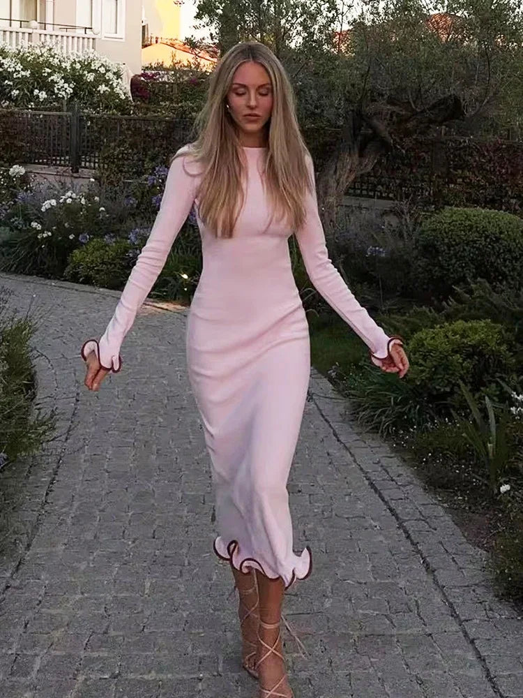 Aiertu  -  Backless Ruffled Knitted Long Dress For Women Contrast Color Flare Sleeve Autumn Sexy Bodycon Evening Party Sweater Dress Aiertu