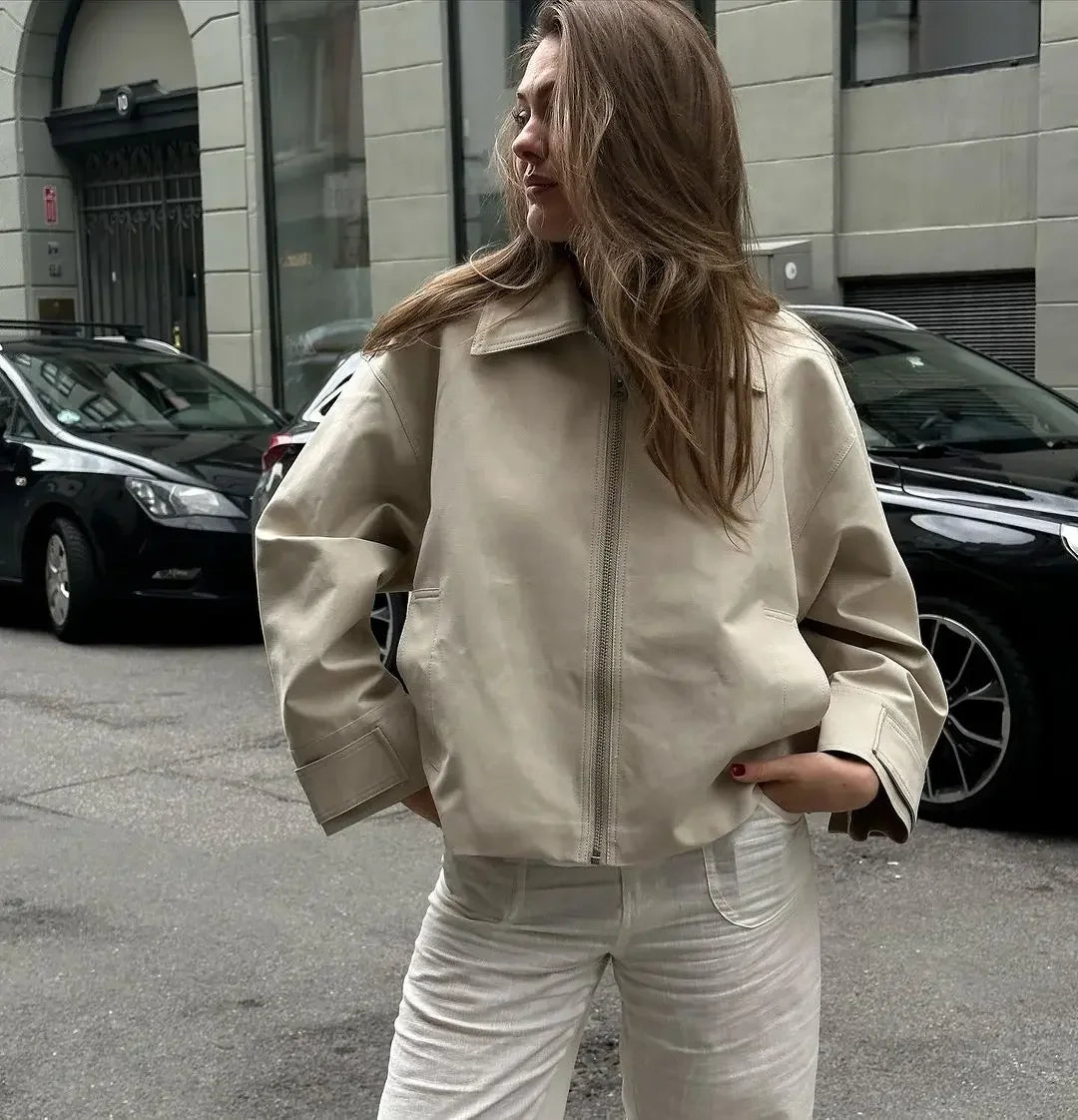 Aiertu  -  Autumn Fashion Leather Laple Zipper Jacket Women Elegant Long Sleeve Pocket Warm Loose Solid Coats 2026 Lady High Street Jackets Aiertu