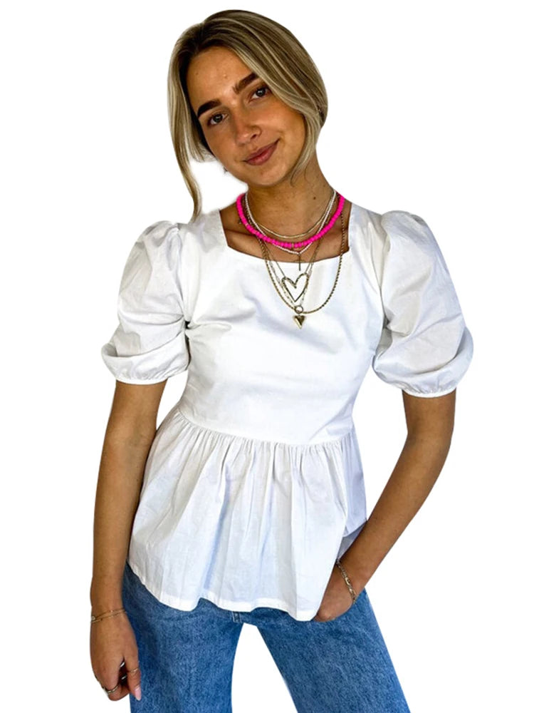 Aiertu  -  Back Lace Up Bow Shirt Top Square Collar Hollowed Out Casual Temperament Waist Cinching Summer Women White Short Sleeved Blouse Aiertu