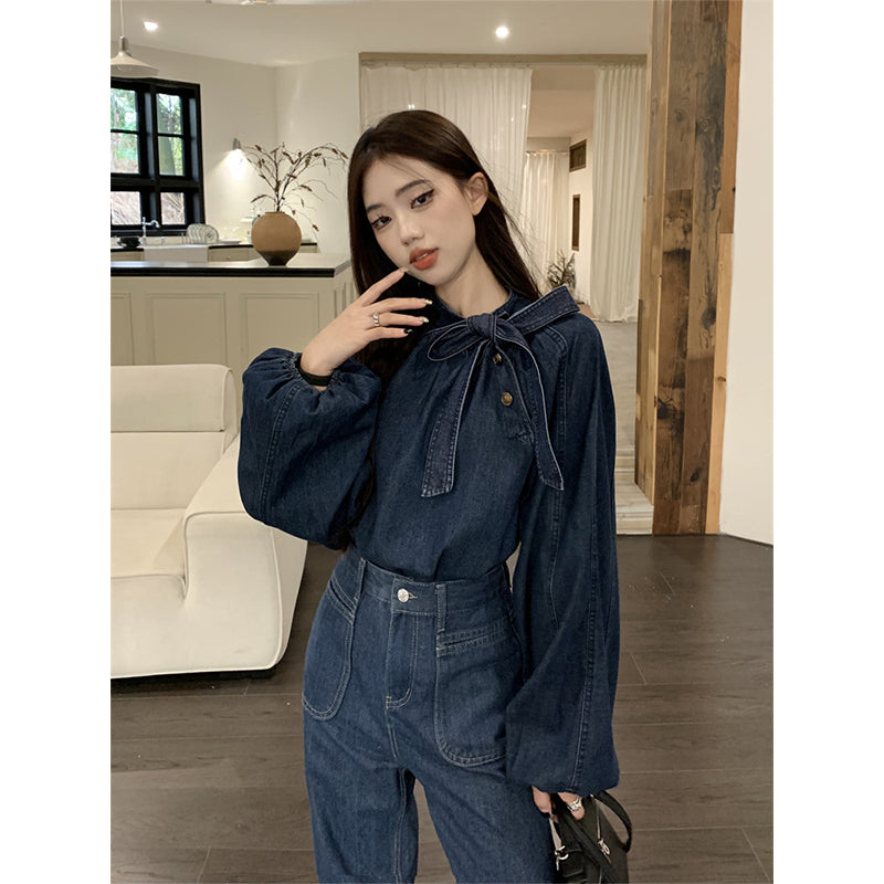 Aiertu Elegant Bow Denim Shirts Women Vintage Bandage Jeans Blouses Streetwear Korean Puff Long Sleeve Casual All Match Tops New Aiertu