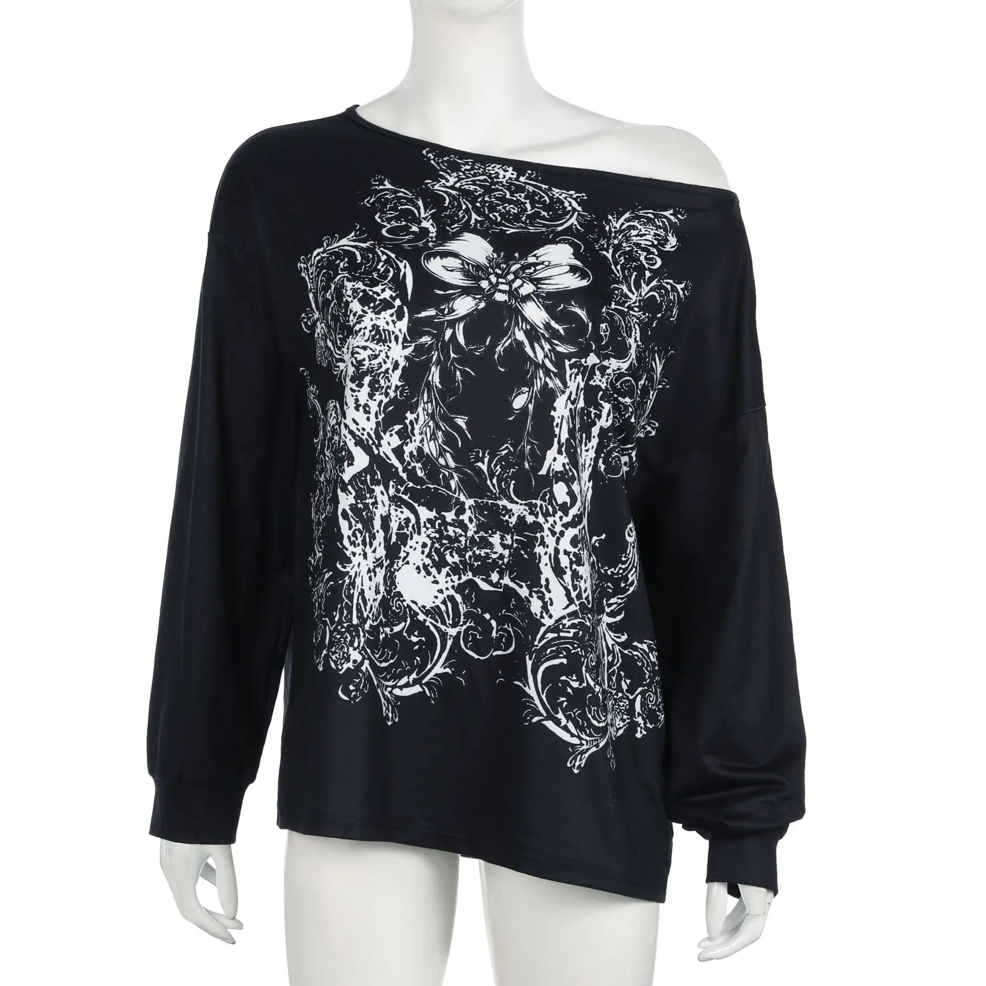 Aiertu  -  Halloween European and American personality niche dark printing contrasting colors loose large version long-sleeved T-shirt top Aiertu