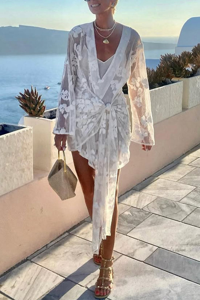 Aiertu  -Sexy Vacation Flowers Lace Lace Up Swimwears Cover Up aiertu