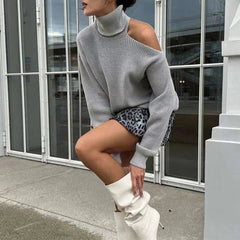 Aiertu  -  Women Autumn Winter Hollow Out Pullovers Knitted Loose High Neck Long Sleeve Off Shoulder Street Style Jumpers Sweater Gray Aiertu