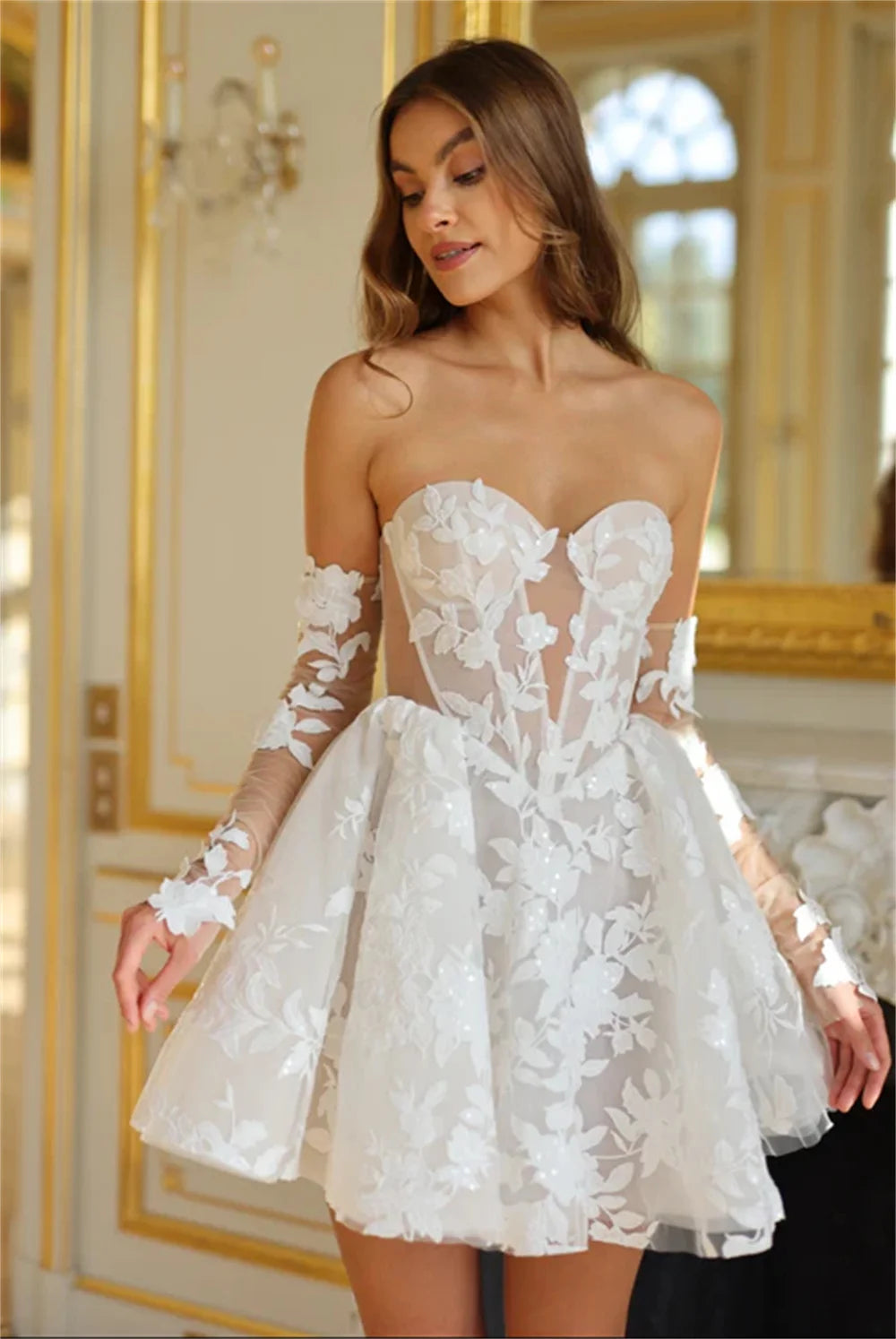 Aiertu  -  Popular Detachable Full Sleeves Sweetheart Full lace Applique Bridal Grown Short Wedding Dresses Custom Made Formal 2025 Vestido Aiertu