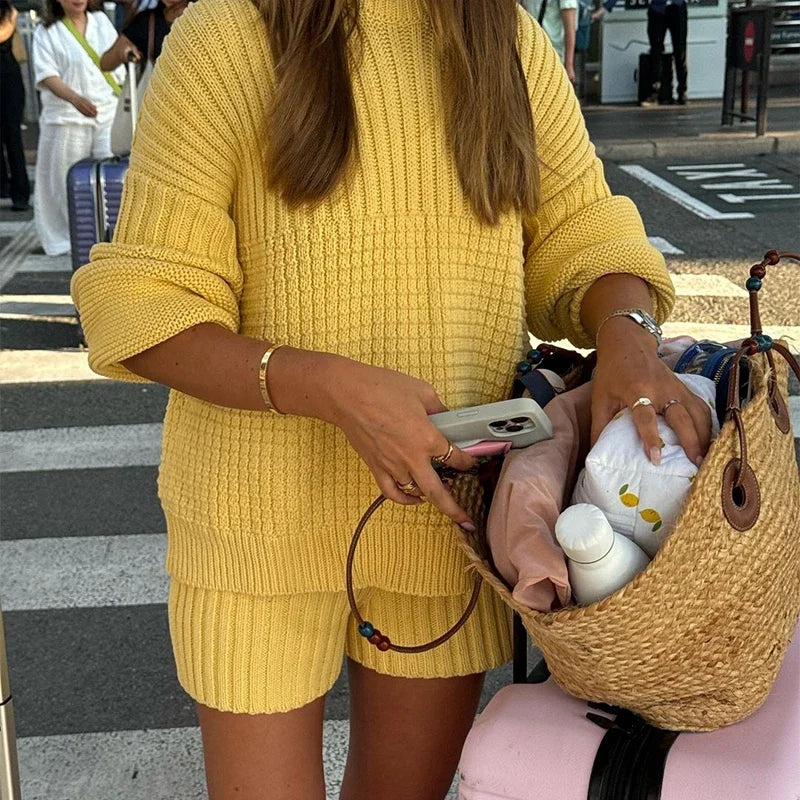 Aiertu  -  Solid Knitted Sweater Shorts Suit Women Casual Crochet O-neck Long Sleeve Pullover Short Pants 2026 Autumn New Lady Loose Outfit Aiertu