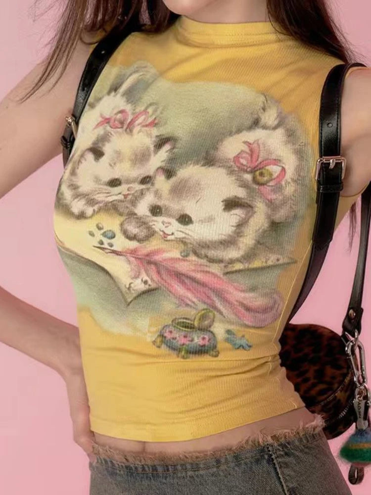 Aiertu  -  Trendy Kawaii Cute Cat Print T-shirt Women Summer Harajuku Y2k Half Turtleneck Crop Top Fashion Sweet Vintage Tee Shirts Femme Aiertu
