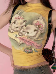 Aiertu  -  Trendy Kawaii Cute Cat Print T-shirt Women Summer Harajuku Y2k Half Turtleneck Crop Top Fashion Sweet Vintage Tee Shirts Femme Aiertu