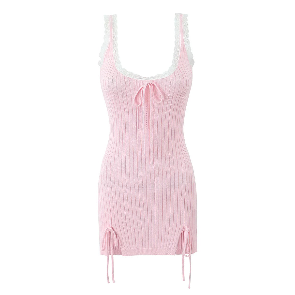 Aiertu  -  High Street Women Lace Trim  Knit Sling Sexy Dress O Neck Sleeveless Hem Slit Bodycon Mini Dresses Holiday Summer Robe Pink Aiertu