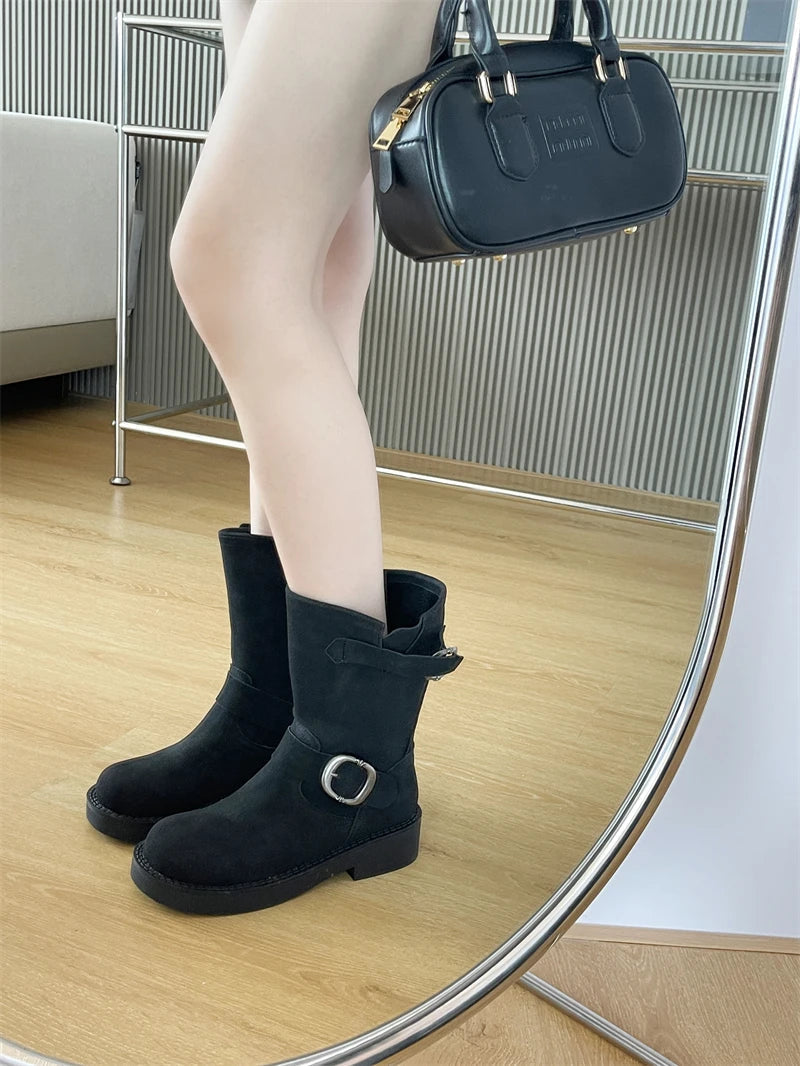 Aiertu    -  Black Ankle Boots For Woman Round Toe Chunky Heels Short Shoes Comforts Platforms Boots Belt Buckle Fall Shoes Botas De Mujer Aiertu