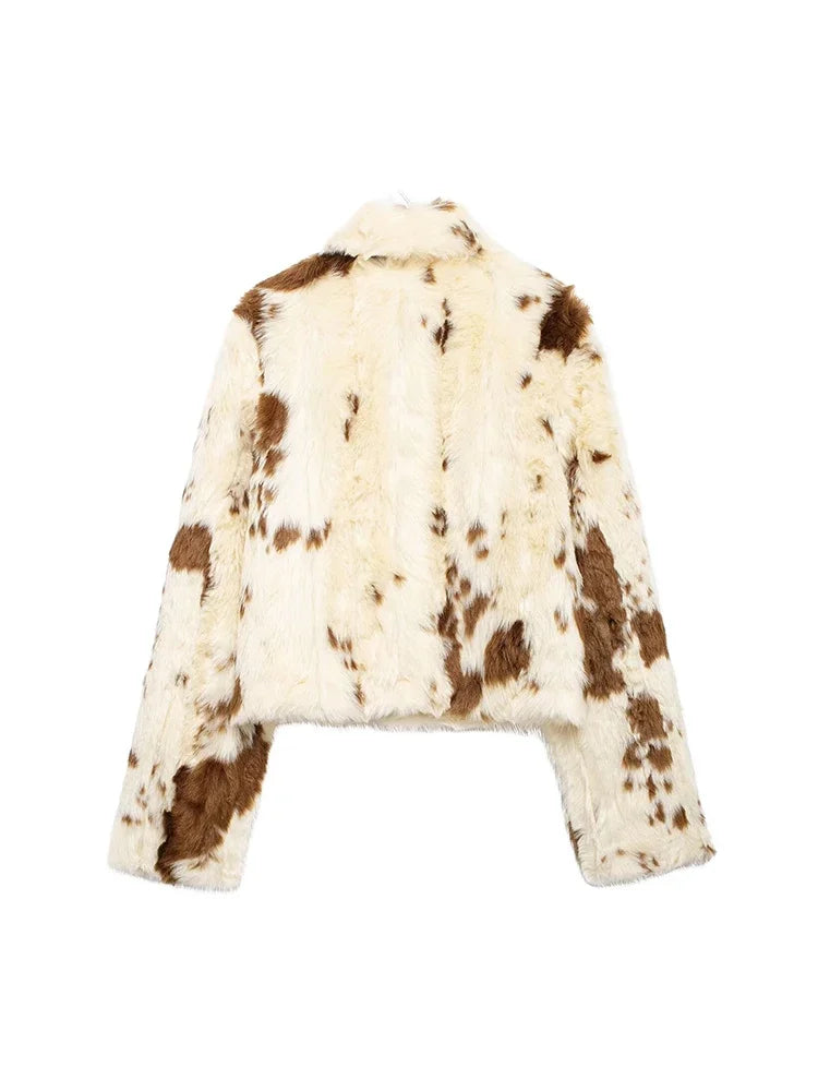 Aiertu  Women Fashion Faux Fur Printed Front Zipper Jackets Vintage Lapel Neck Long Sleeves Female Chic Lady Outfits Aiertu