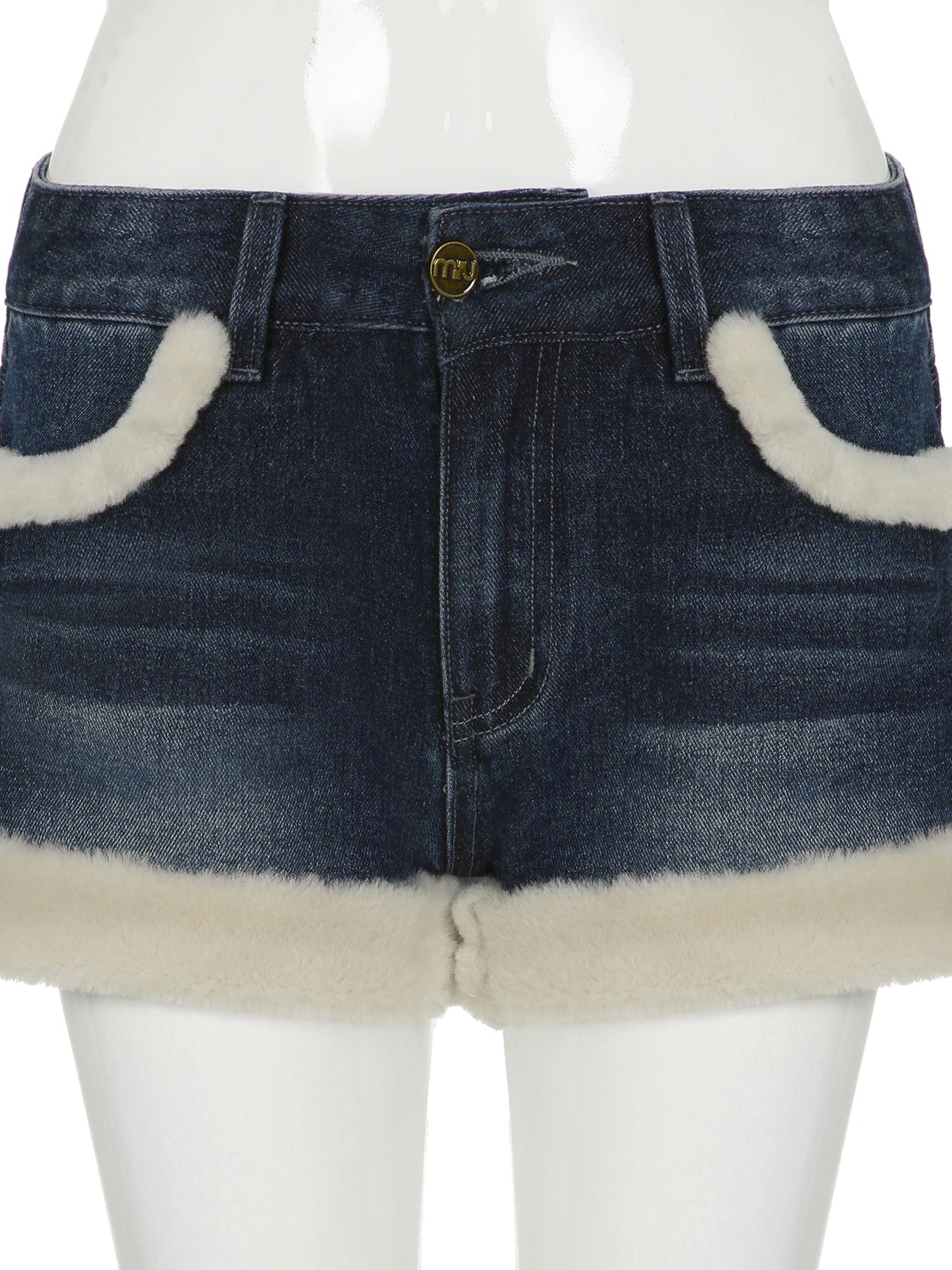 Aiertu Casual Sweet Fur Trim Denim Shorts Korean Style Cute Basic Slim Low-Waisted Shorts Women Winter Fashion Streetwear Aiertu