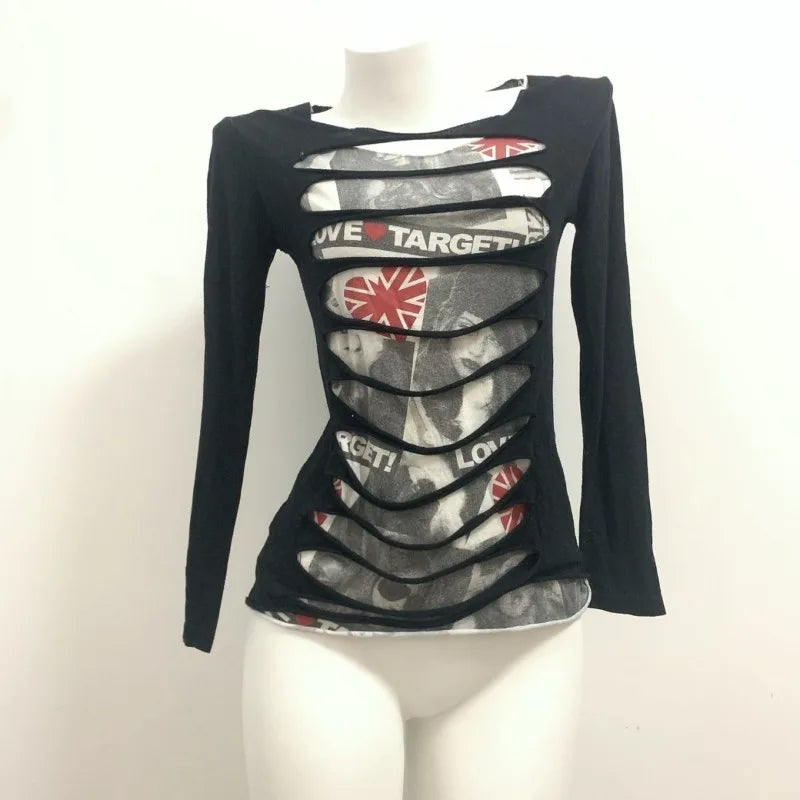 Aiertu  -  Fake Two Vintage Spicy Girl Slim Long Sleeves Tees for Woman American Y2k Retro T-shirts Subculture Punk Grunge Harajuku Tops Aiertu