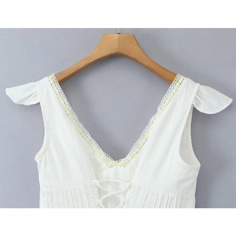 Aiertu  -  French Lazy Style White Dress For Women Sexy V Neck Short Sleeve A-line Mini Summer Dresses Casual Holiday Robe Lace Up Aiertu
