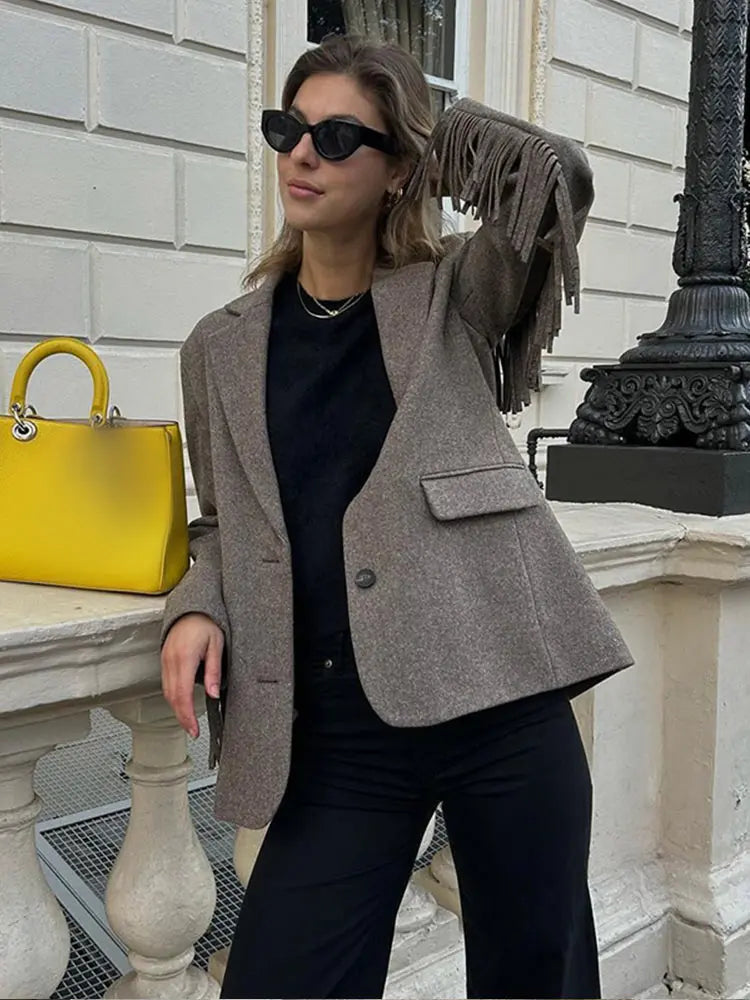 Aiertu  -  Casual Tassels Patchwork Long Sleeves Blazer Women Lapel Single Breasted Buckle Slim Jacket 2026 New Female Commute Outwear Aiertu