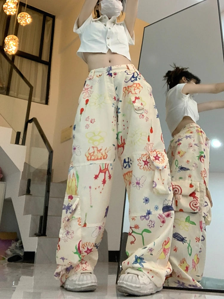 Aiertu  -  Streetwear Kawaii Cargo Pants Women Hip Hop Graffiti Print Harajuku Wide Leg Pants Casual Loose Y2k Trousers Summer Aiertu