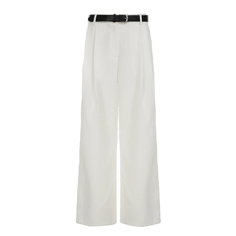 Aiertu  -  Casual White Loose Suit Pants with Belt Women Summer Street Style Baggy Straight Trouser Korean Fashion All-match Capris Aiertu