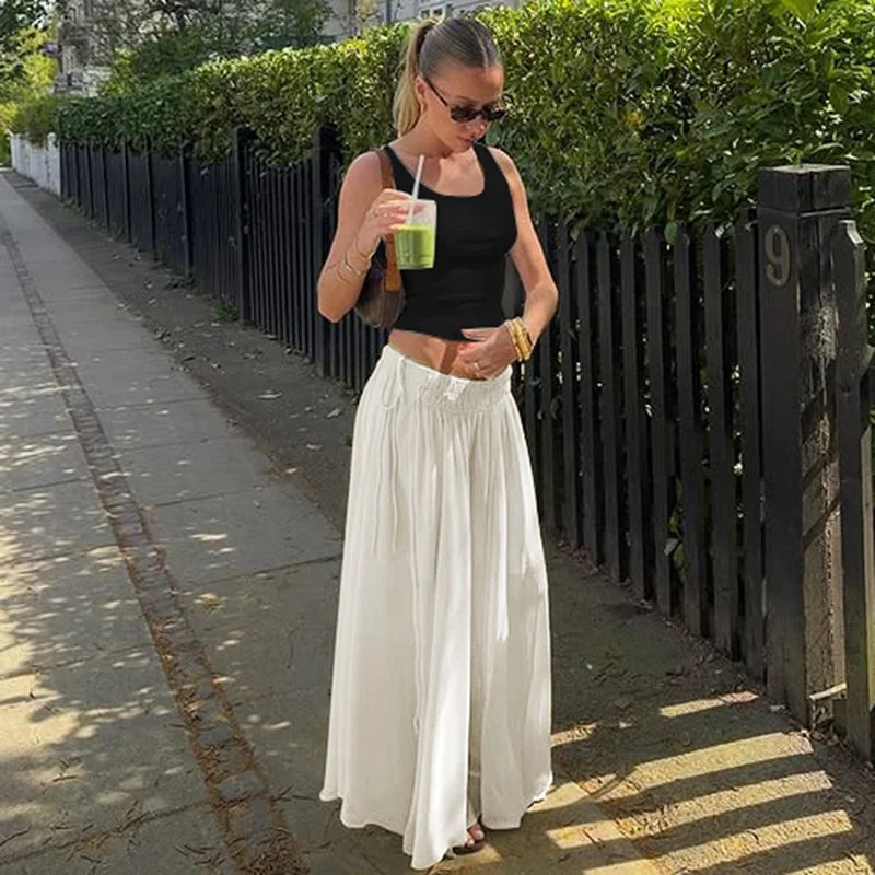 Aiertu  -  Slim Drawstring Pleated Long Skirt For Women Elastic Waist Solid Color High Waist Fashion Patchwork Female Long Skirt Aiertu