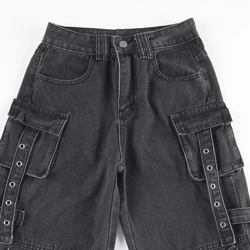 Aiertu  -  Gothic Fashion Women Cargo Jeans Grunge Loose Fit Pocket Denim Pants Harajuku Y2K Boyfriend Style Wide Leg Trousers Aiertu