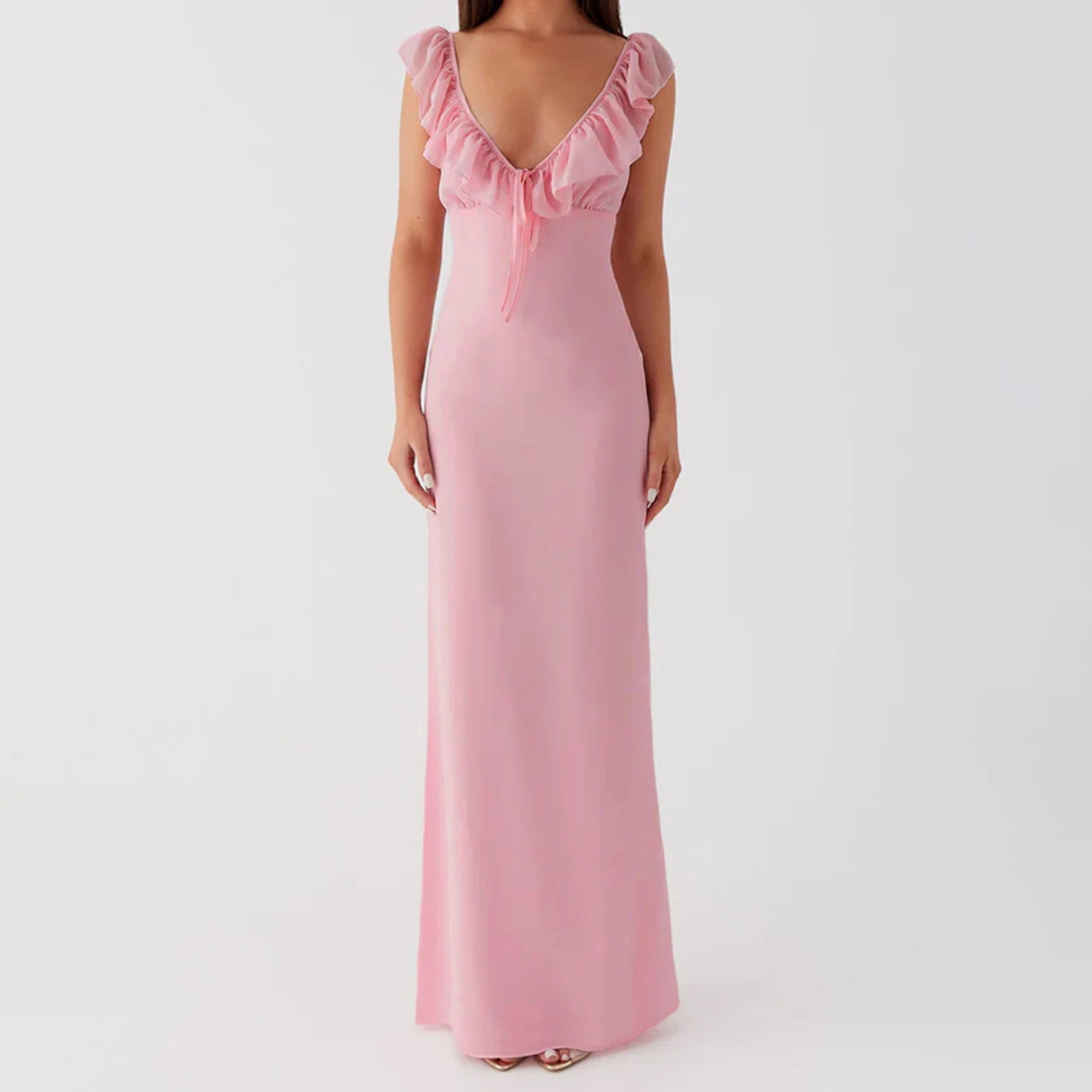 Aiertu  -  Women Ruffle Trim Cami Dress Slim Solid Color Deep V Neck Open Back Tie Long Evening Dress for Party Clubwear Aiertu