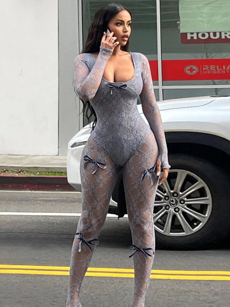 Aiertu  -  See Through Mesh Sexy Jumpsuit Women Bow Splice Long Sleeve Bodycon One Piece Hot Girl Party Sexy Club Overalls For Woman Aiertu