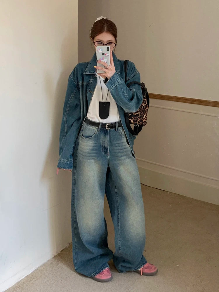 Aiertu  -  Women Boyfriend Whiskers Baggy Jeans Distressed Straight Long Trousers High Rise Wide Denim Pants Casual Retro Clothes Aiertu
