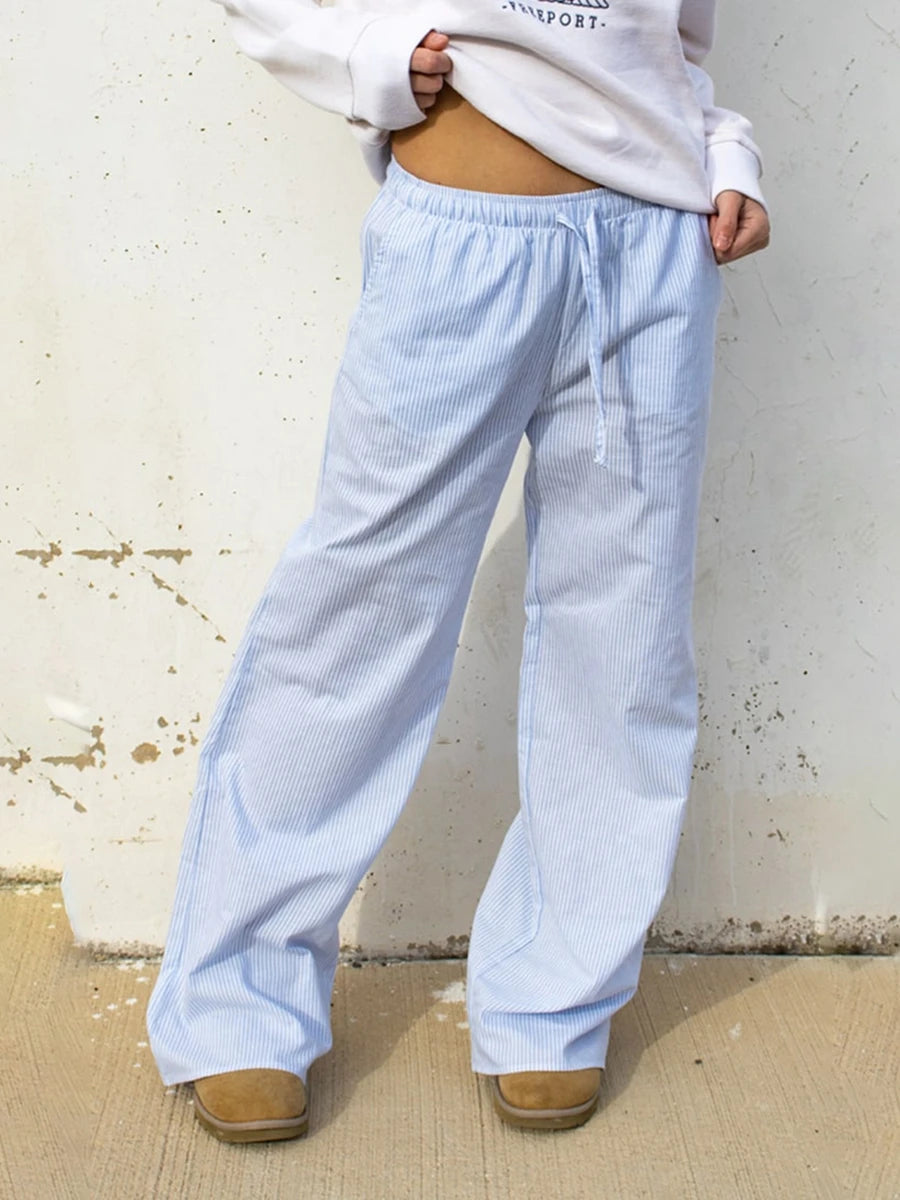 Aiertu  -  Women's Casual Striped Print Pants Drawstring Elastic Waist Loose Straight Pants with Pockets Sleep Bottoms Korean Home Wears Aiertu