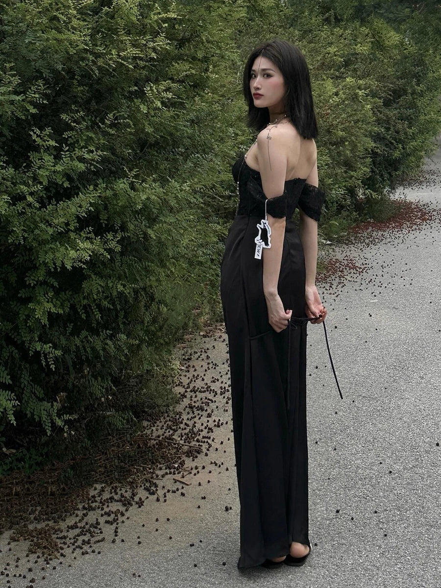 Aiertu  -  Formal Black Stitch Lace Satin Party Gown Women Maxi Boned Corset Sweetheart Mermaid Evening Dress Sexy Retro Clothes Aiertu