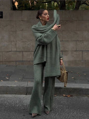 Aiertu  -  Elegant Burgundy Long Sleeve Sweater Pants Set Fashion Knitted Scarf Pullover Trousers Suits Autumn Winter Lady Warm Streetwear Aiertu