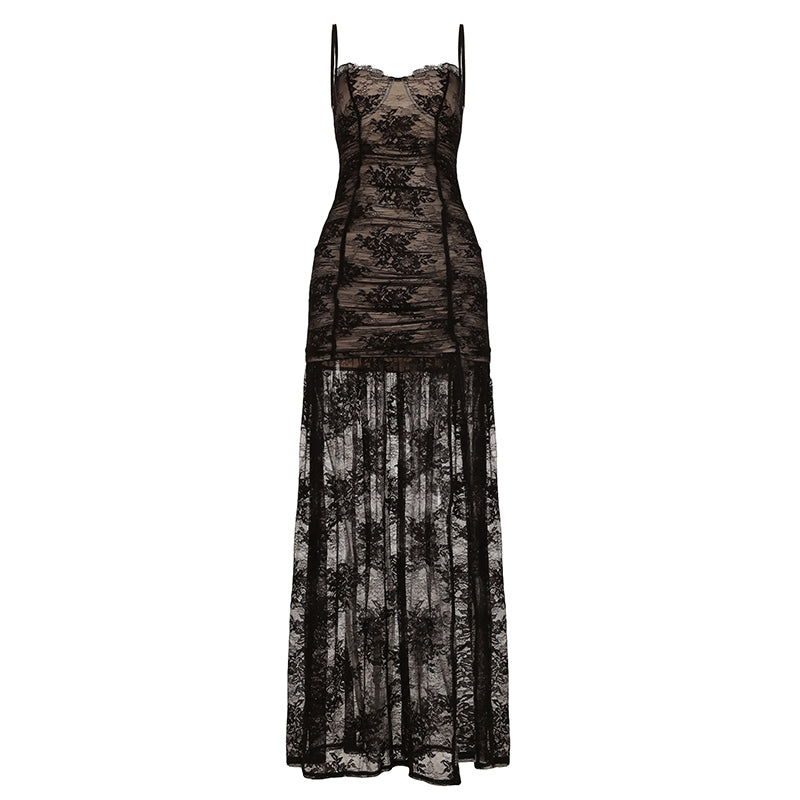 Aiertu  -  -Aiertu  -  -   Hollow Lace Patchwork Sleeveless Long Dress French Style Milkmaid Split Dresses Sexy Bodycon Floor-length Robe Elegant Aiertu