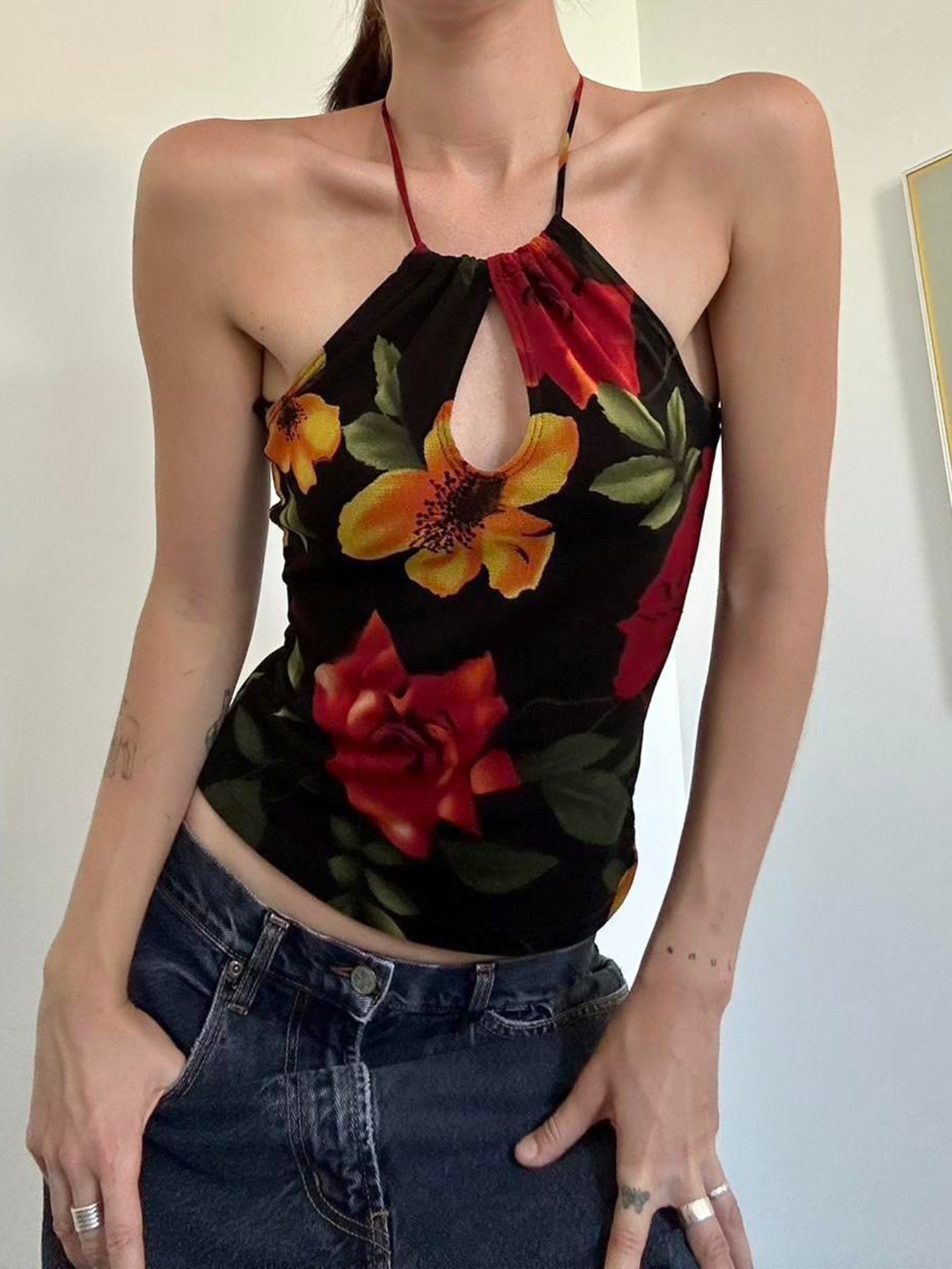 Aiertu - summer inspo Vintage Aesthetic Big Floral Print Slim Backless Tie Halter Top Women Summer Vacation Tank Vest Aiertu