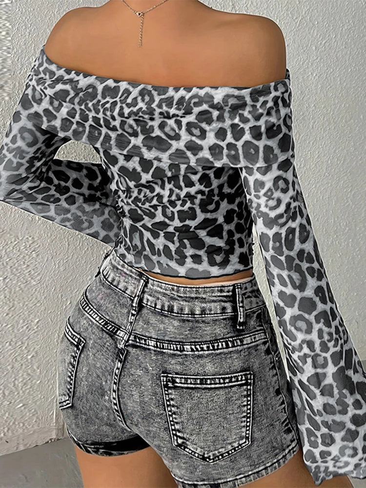 Aiertu  -  Women's Leopard T-shirt Harajuku Korean Y2k Tee Top Vintage Off Shoulder Long Sleeve Slim T-shirts 2000s Trashy Clothes Autumn Aiertu