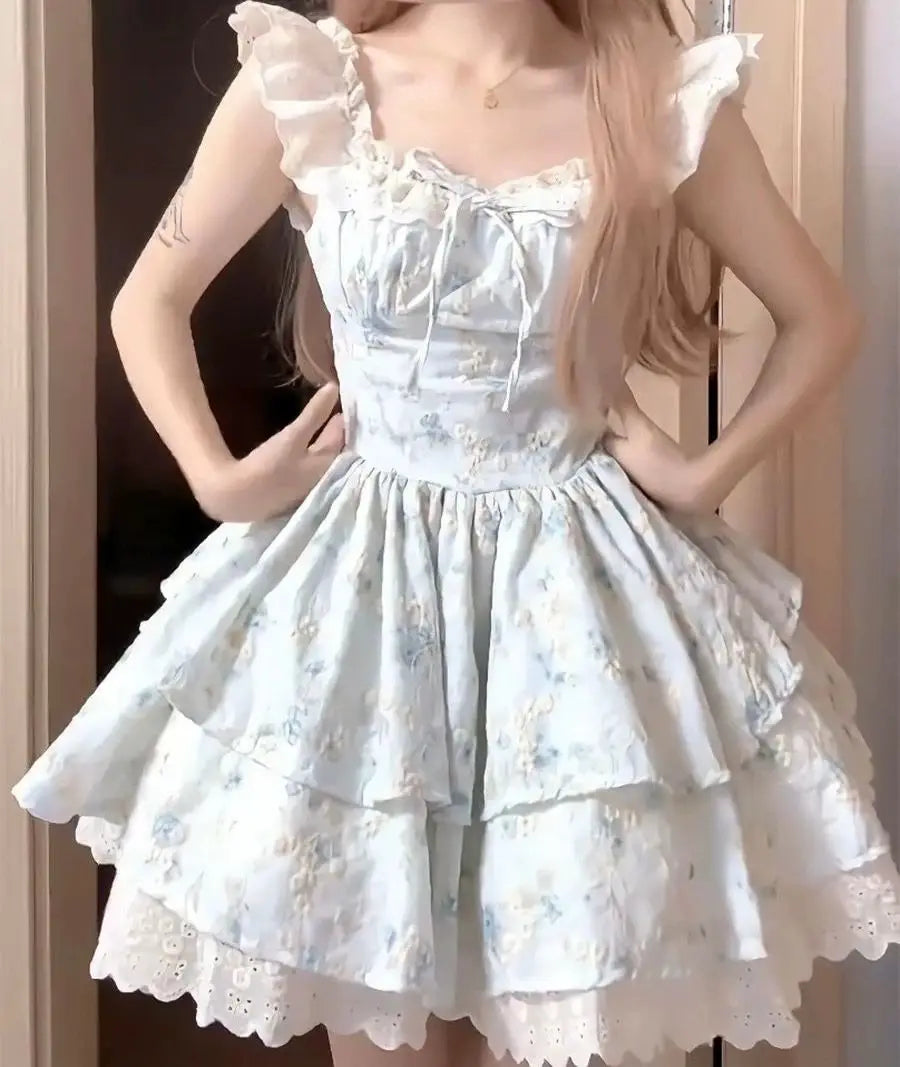 Aiertu  -  Hot Girl Lace Flying Sleeve Floral Dress for Women's Summer Slim Fit Square Collar A-line Short Dress Fashion Female Clothes Aiertu