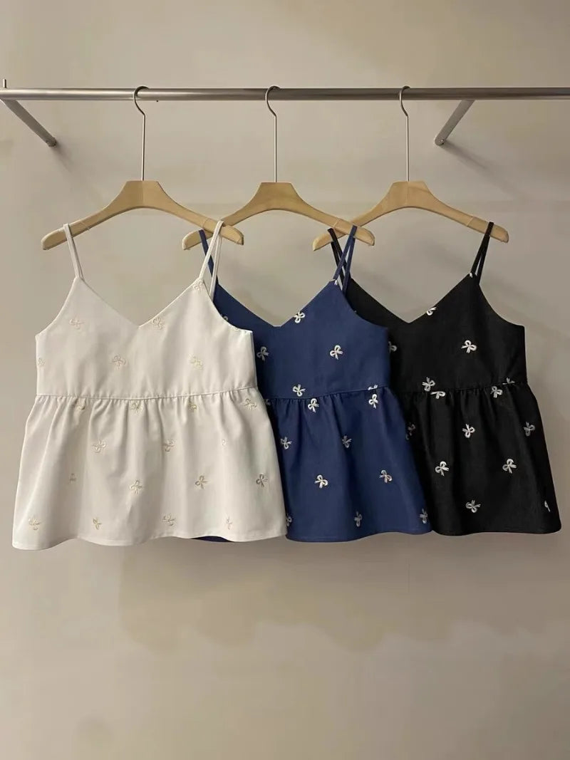 Aiertu  -  Sweet Hot Girl Denim Suit Women's Summer Embroidered Bow Strap Vest High Waist Shorts Two-piece Set Fashion Female Clothes Aiertu
