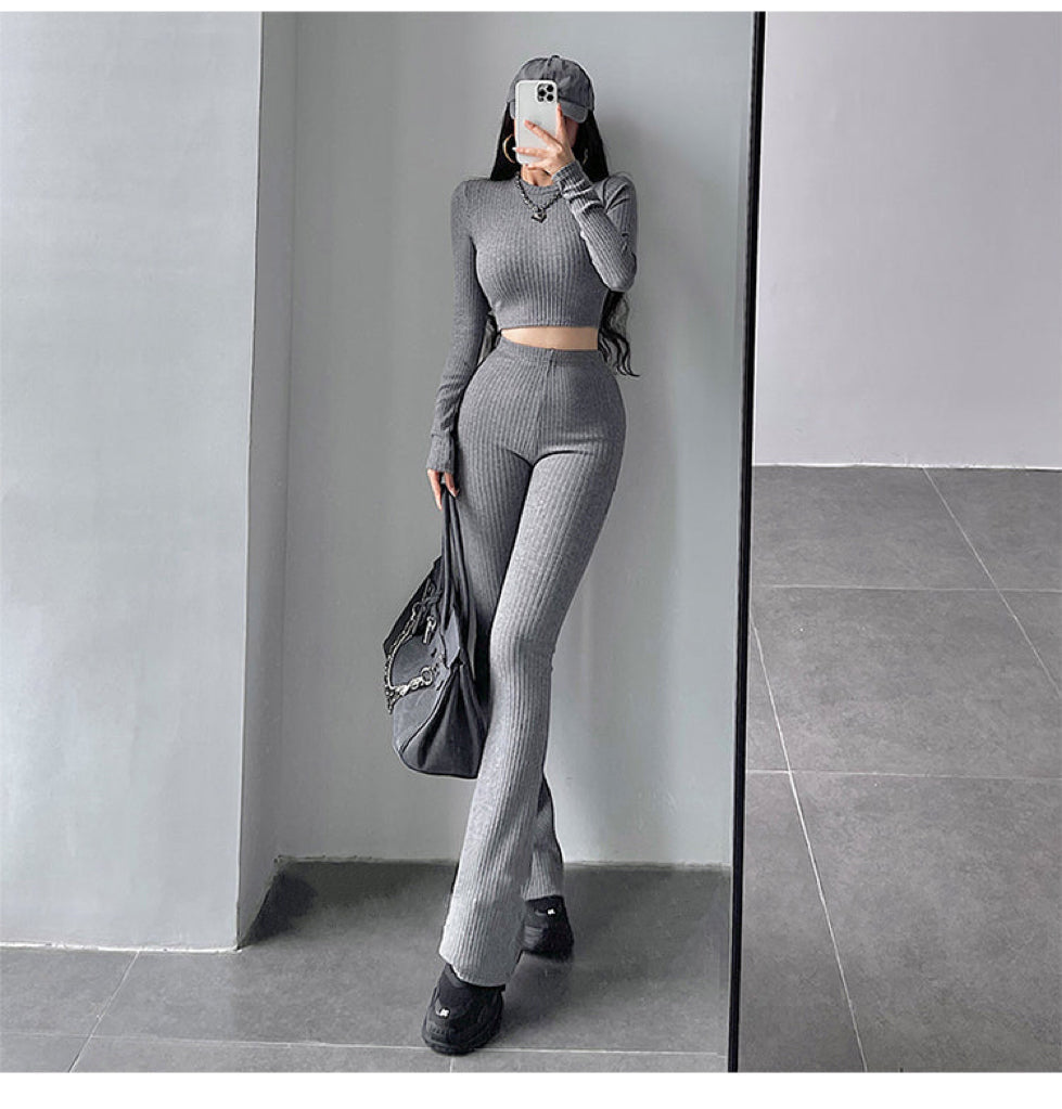 Aiertus Solid Color Ribbed Slim Long Sleeve Cropped Top High Waist Pants Matching Set Aiertu