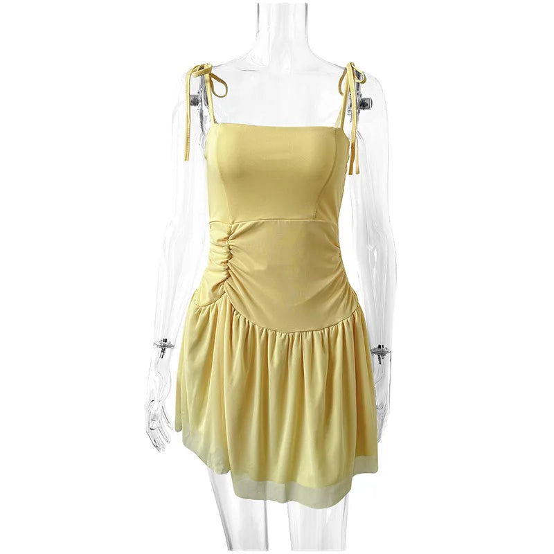 Aiertu  -  Summer Sleeveless Lace-up Backless Dress Women Elegant Pleat Mini Vestidos Casual Party Beachwear Yellow Ruffled Sling Chic Aiertu