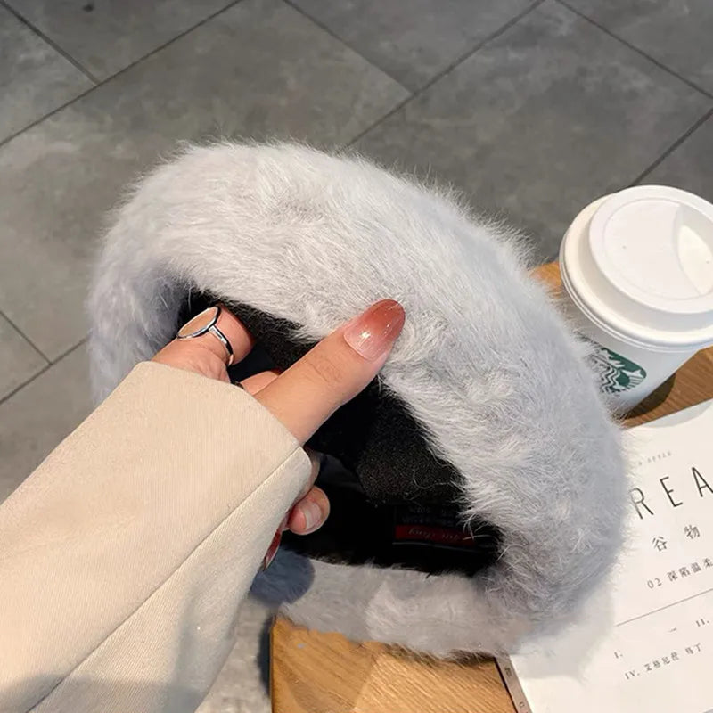 Aiertu  -  Winter Rabbit Fur Soild Color Beret Hats Women For Adjustable Elastic Band Warm Beret Elegant Soft French Artist Beanie Hat Girl Aiertu