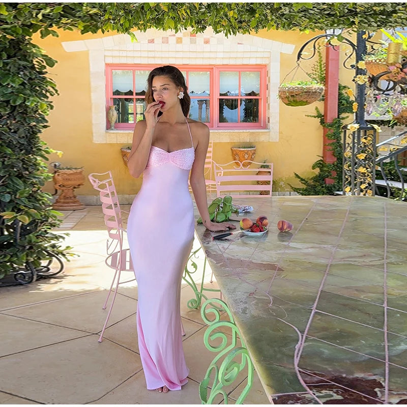 Aiertu  -  Fashion Sequin Halter Spliced Women dress V-neck  Backless Pleated Slim Fishtail Dresses 2026 Summer Beach Party Lady Robe Aiertu
