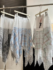 Aiertu  -  Sweet Girl Lace Mesh Skirt Women's Spring Elastic Waist Irregular Plaid A-line Long Skirt Fashion Female Clothes Aiertu