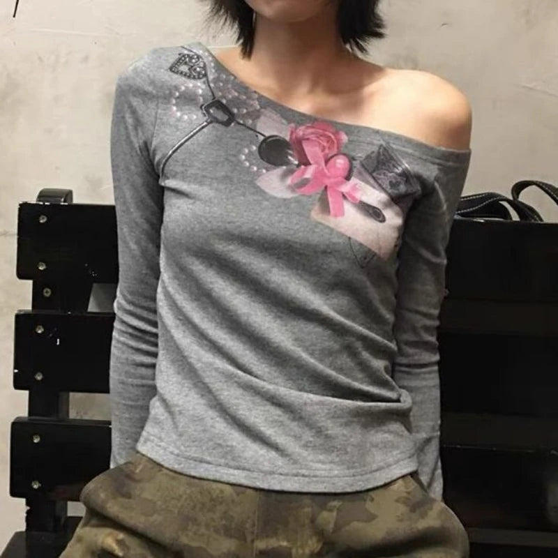 Aiertu  -  Y2k Aesthetic Printing Women Casual T-shirt Vintage Skew Collar Off Shoulder Streetwear Tshirts Harajuku Slim Fit Grunge Tees Aiertu