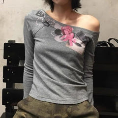 Aiertu  -  Y2k Aesthetic Printing Women Casual T-shirt Vintage Skew Collar Off Shoulder Streetwear Tshirts Harajuku Slim Fit Grunge Tees Aiertu