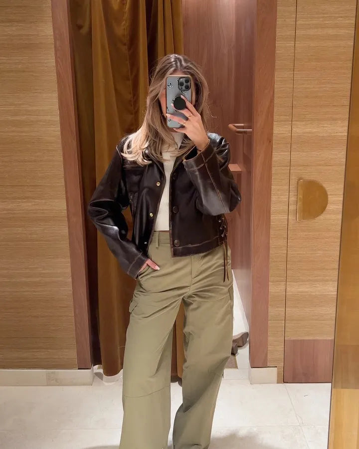 Aiertu  -  Fashion Pu Leather Brown Lapel Jacket Casual Long Sleeve Single Breasted Office Coat 2026 Autumn Chic High Street Lady Outwears Aiertu