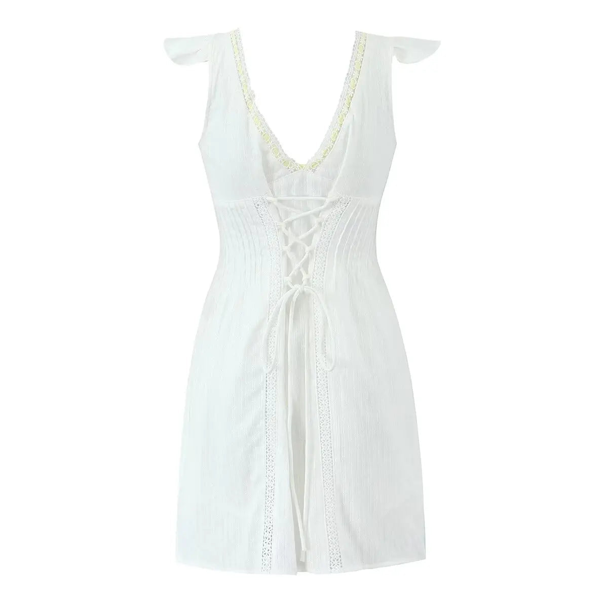 Aiertu  -  Luxury Dresses Women 2025 Summer Short Dress Sexy Frenchy White Lace Mini Dresses V Neck Short Sleeve Dress Back Lace Up Aiertu