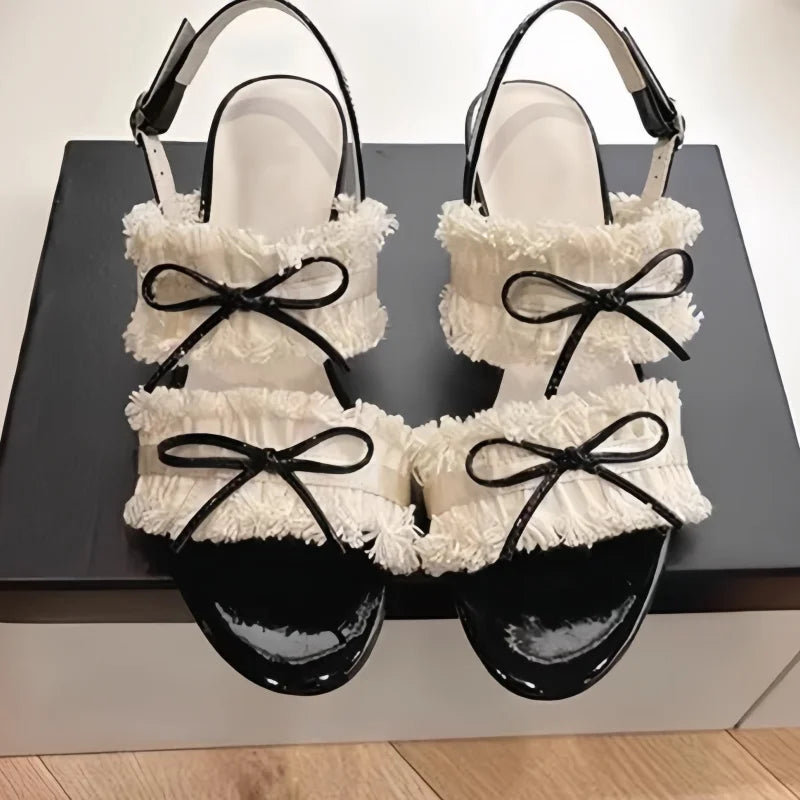 Aiertu  -  Butterfly-knot Shoes for Lady Round Toes High Heels Pleated Female Sandals Mixed Colors Women Back Strap Tacones Chassure Femme Aiertu