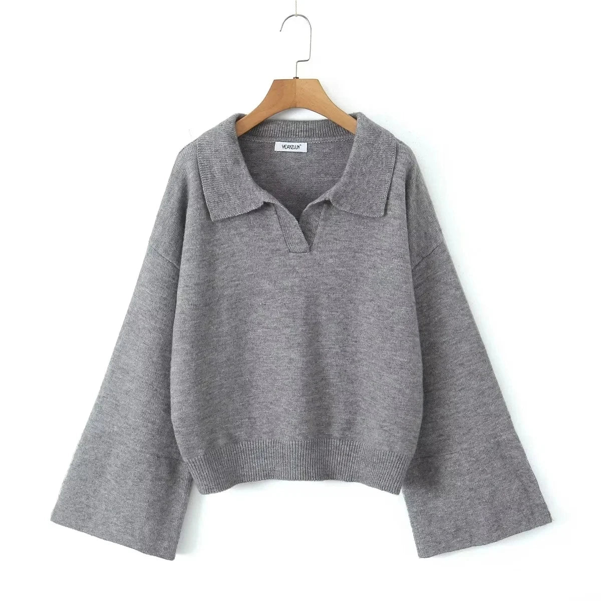 Aiertu  -  Grey Flare Sleeve Turn Down Collar Warm Winter Sweater Women Pullover Knitted Jumper Autumn Casual Sweater Loose Aiertu