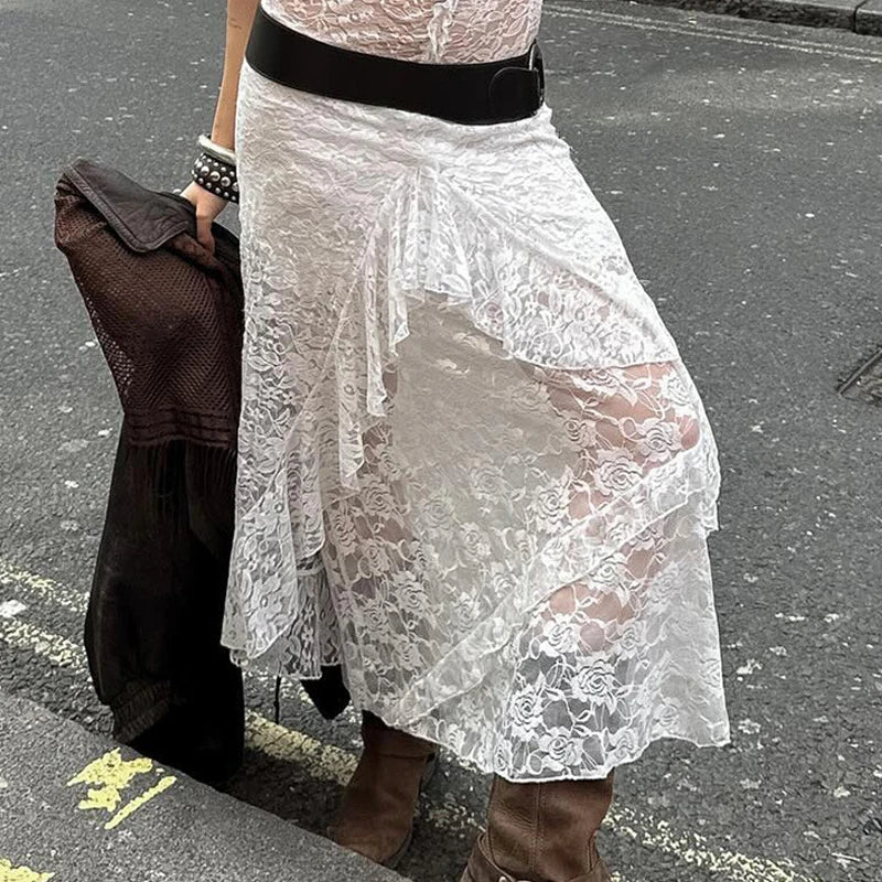 Aiertu  -  Fashion Irregular Lace See Through Long Skirt For Women Rose Jacquard Tassel Patchwork High Waisted Skirt Female Summer Aiertu