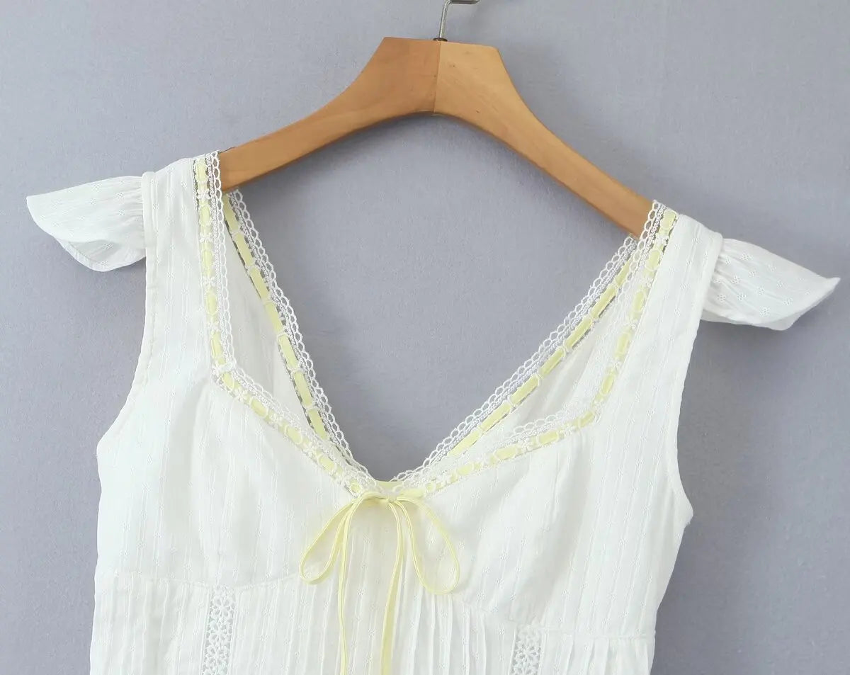 Aiertu  -  Luxury Dresses Women 2025 Summer Short Dress Sexy Frenchy White Lace Mini Dresses V Neck Short Sleeve Dress Back Lace Up Aiertu