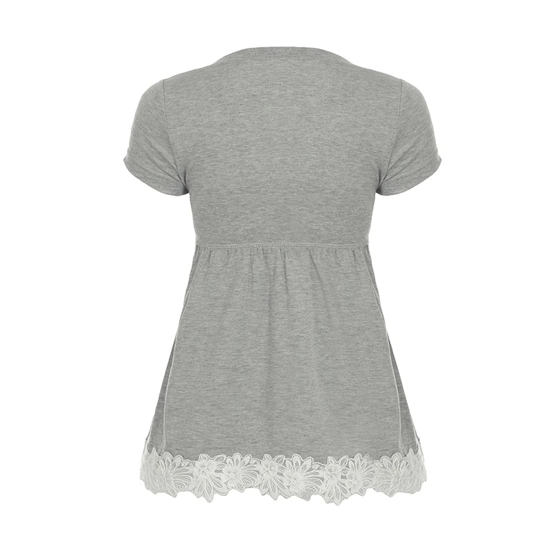 Aiertu  Cute Lace Trim Slim Simple T-Shirts Summer Sweet Basic All-Match Fashion Trendy Japanese Women’s Clothes Aiertu
